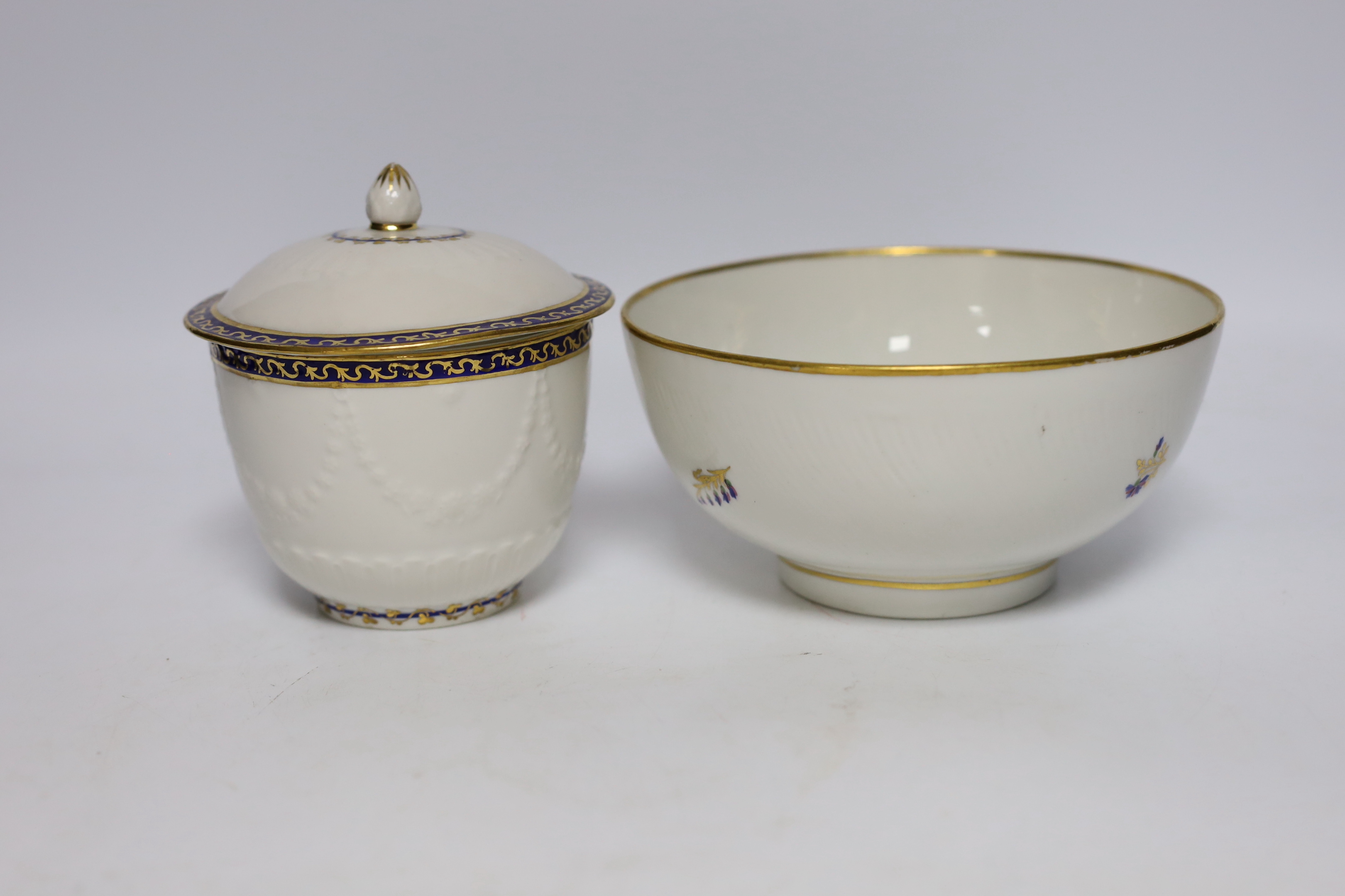 A Crown Derby bowl and another with cover, both with puce marks, 6.5cm
